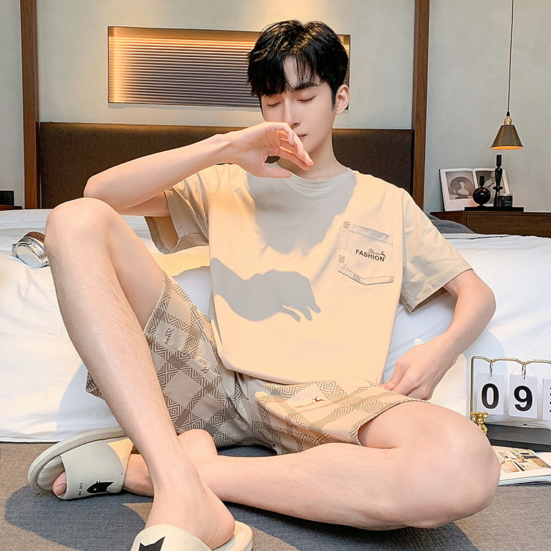 Pijamas de algodón de los hombres de manga corta de verano lindo de dibujos animados hombres jóvenes sueltos 2024 Nuevo traje de homewear de talla grande