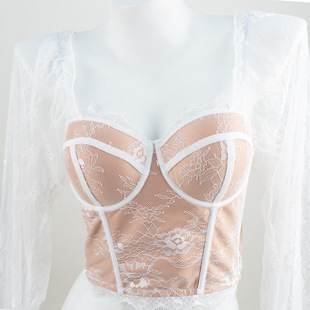 Meihua Amazon Fashion Elegant Bell Sleeve Lace Eyelash Lace Steel Ring Fishbone Navel-Baring Long-Sleeved Buttoned Bra