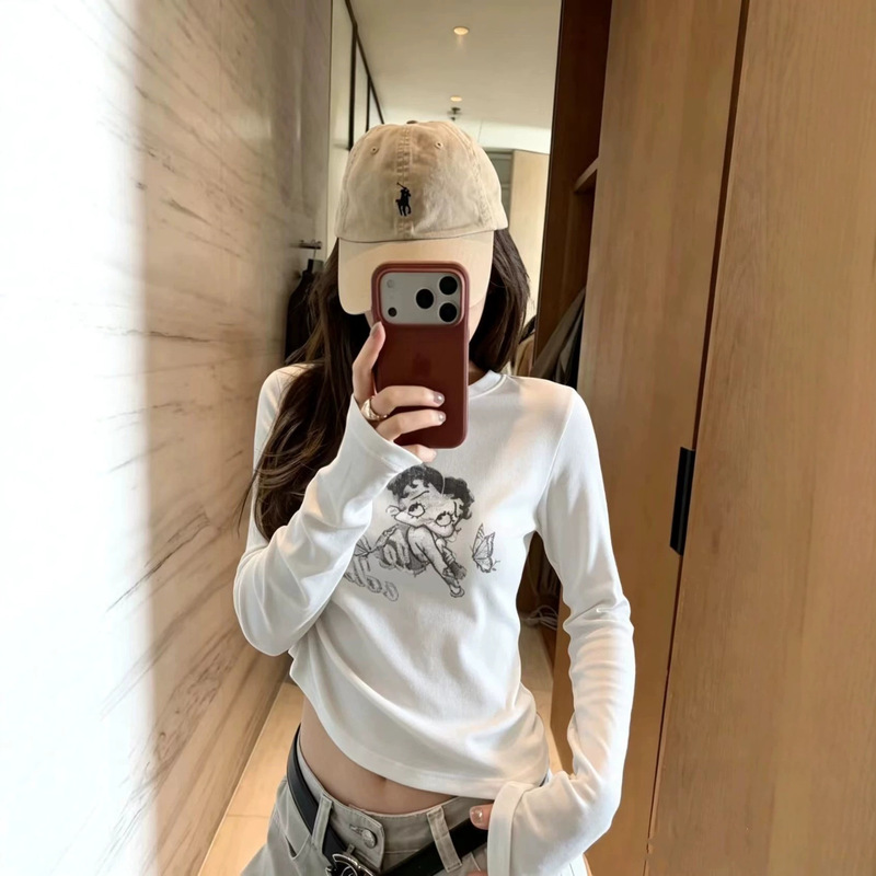 American retro cartoon print long-sleeve T-shirt for women, spring and autumn, tight-fitting, slim-fit top for stylish girls