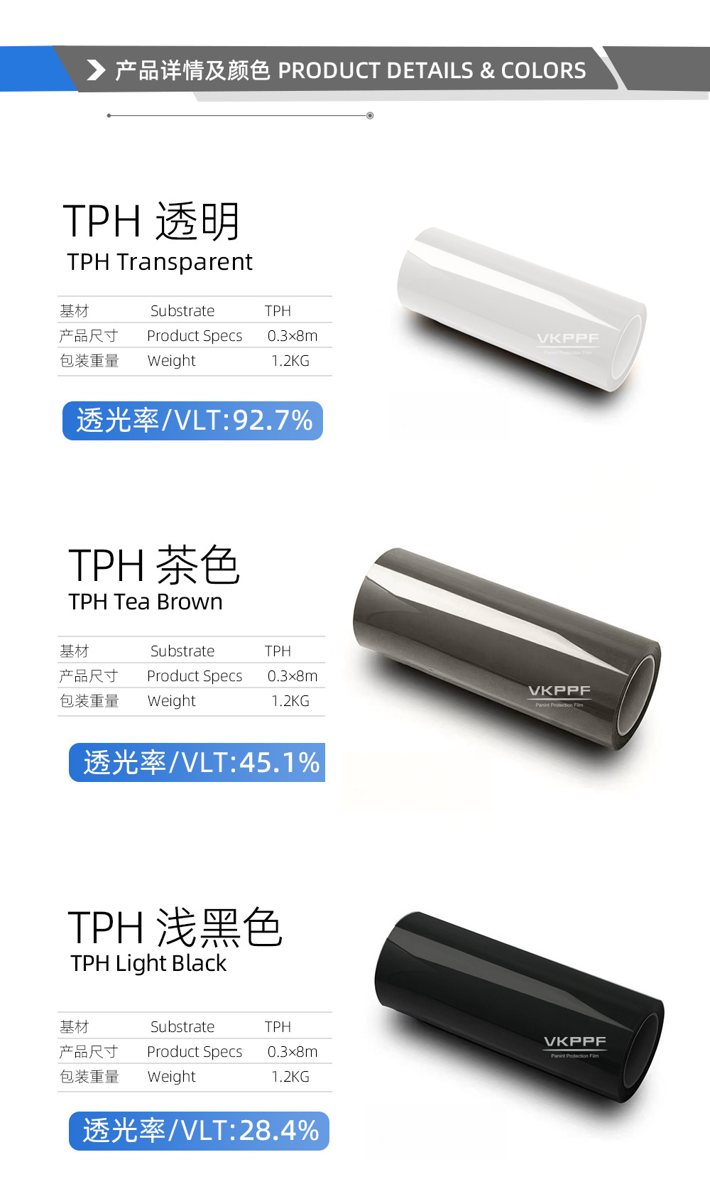 TPH car light film, headlight protection and color change film, high light transmittance, self-repairing, available in multiple colors