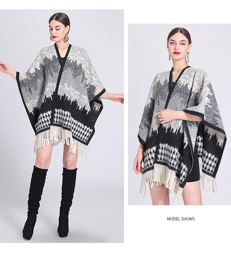 Schalumhang Damen karierte Strickjacke mit Fransen karierter Umhang Schal Wollmantel_voghion.com