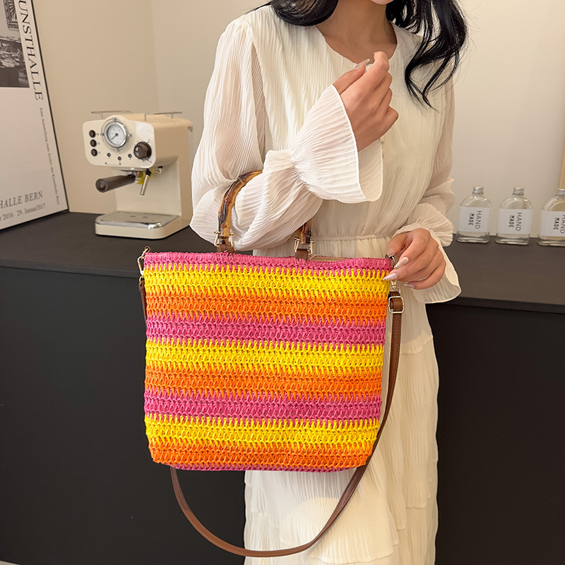 여름 해변 가방 캐주얼 서양식 핸드백 해변 해변 가방 대용량 프랑스 짠 밀짚 가방