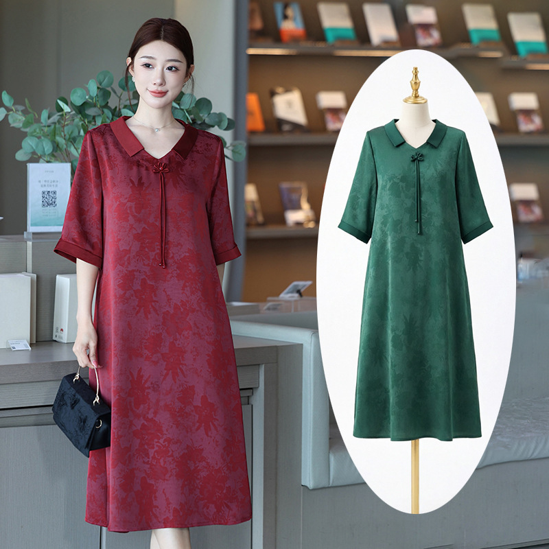 Middle-Aged and Elderly Women's Clothing, Chinese-Style Elegant Dress, Summer Large Size Loose Satin Mid-Length Dress, Elegant and Stylish for Moms Middle-Aged and Elderly Women's Clothing, Chinese-Style Elegant Dress, Summer Large Size Loose Satin Mid-Length Dress, Elegant and Stylish for Moms