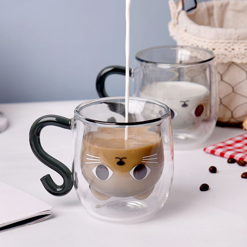 卡通带把手玻璃小猫喝水杯透明玻璃饮料奶茶咖啡杯隔热牛奶双层杯