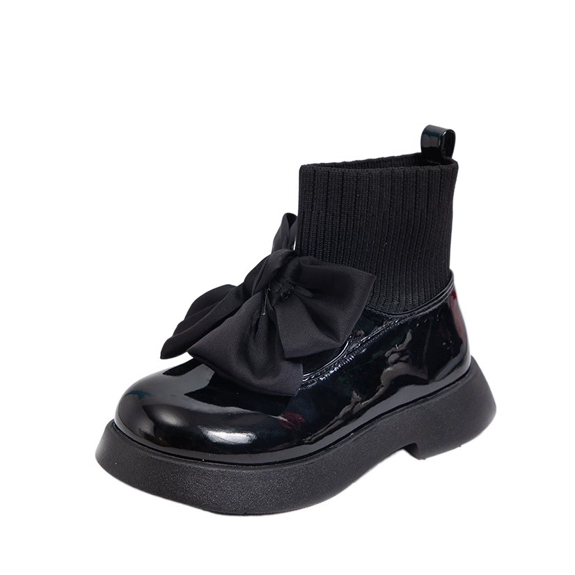 Детские носки-сапоги 2023 Осень-зима Новое поступление Яркие кожаные короткие сапоги до середины ствола с бантом Ботинки для девочек Большие Детские хлопковые сапоги принцессы
