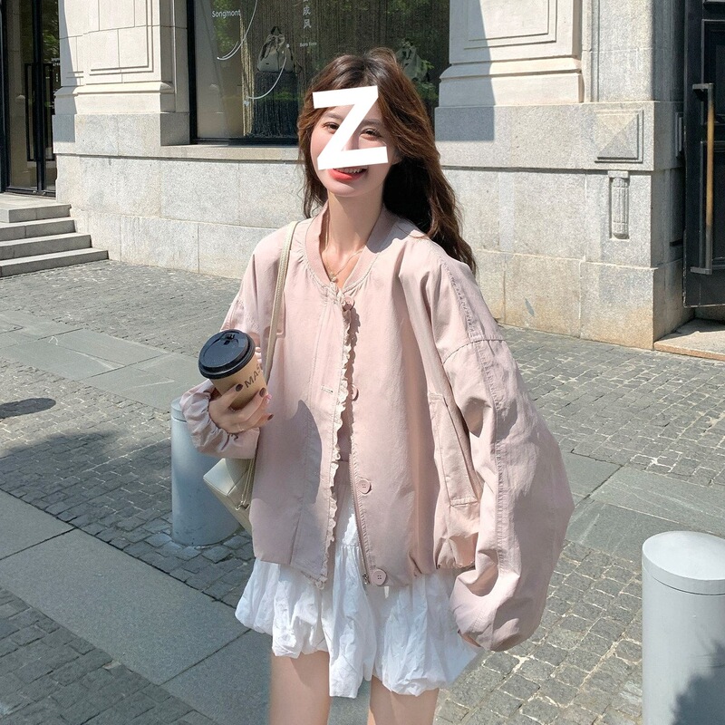 Stylish pink lace patchwork baseball jacket for women, 2026 spring/autumn new loose casual short jacket Stylish pink lace patchwork baseball jacket for women, 2026 spring/autumn new loose casual short jacket
