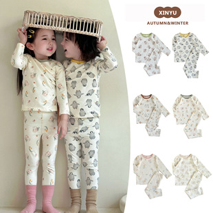 Children's Class a Autumn Clothes and Autumn Pants Boneless Lycra Pajamas 25 Years Old Baby Autumn Ins Cute Cartoon Home Clothes Set