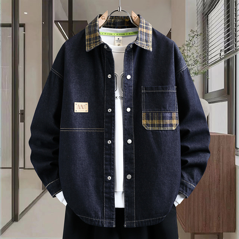 Autumn new denim jacket with plaid lapel, stylish jacket for teenagers and college students, casual design men's clothing Autumn new denim jacket with plaid lapel, stylish jacket for teenagers and college students, casual design men's clothing