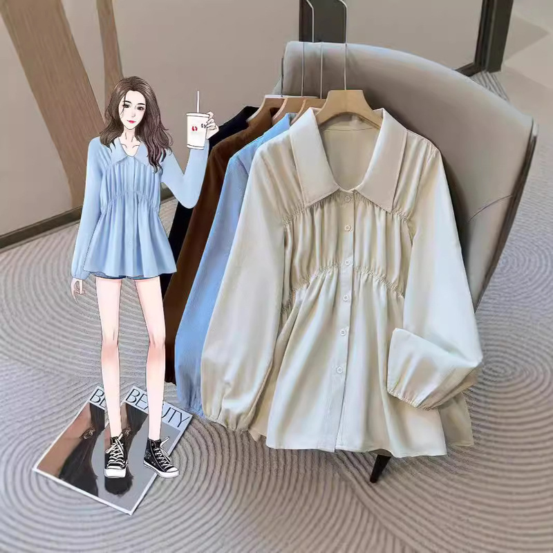 2024 Autumn Belly Covering Waist Straight Shoulder Long Sleeve Shirt Women's Slim Ruffled Babydoll Top
