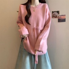 粉色正肩毛衣女2024秋冬大码胖mm收腰巨显瘦不规则中长款针织上衣