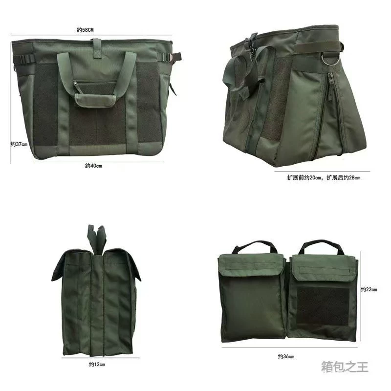 Helmet, capacious handheld laptop with velcro, shoulder bag