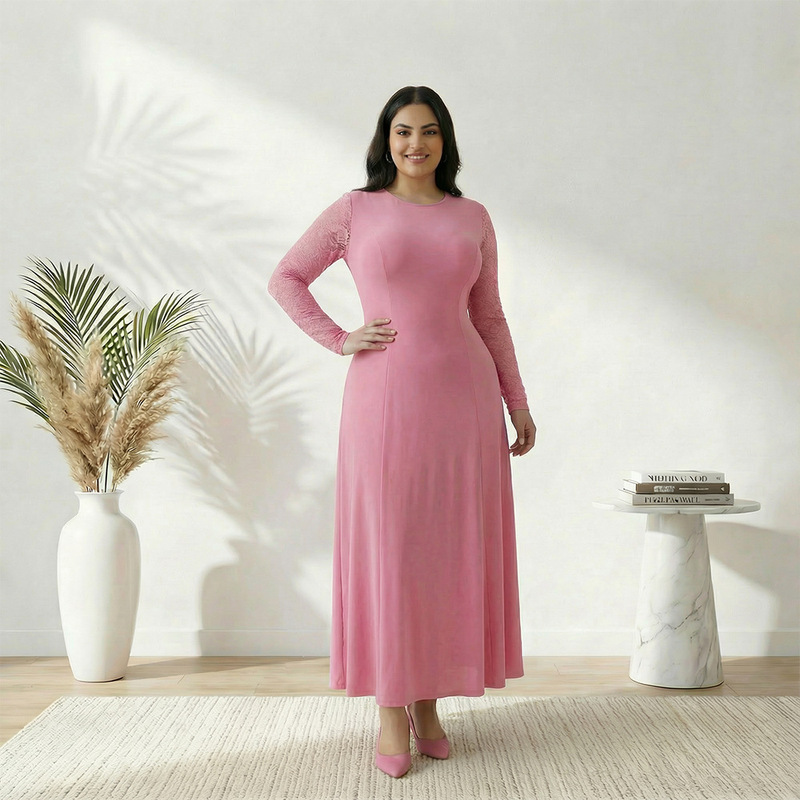 Factory Custom-Made Round-Neck Plus-Size Robe with Lace Sleeves, Fashionable Long Dress, Milk Silk Dress, Cross-Border Women's Clothing