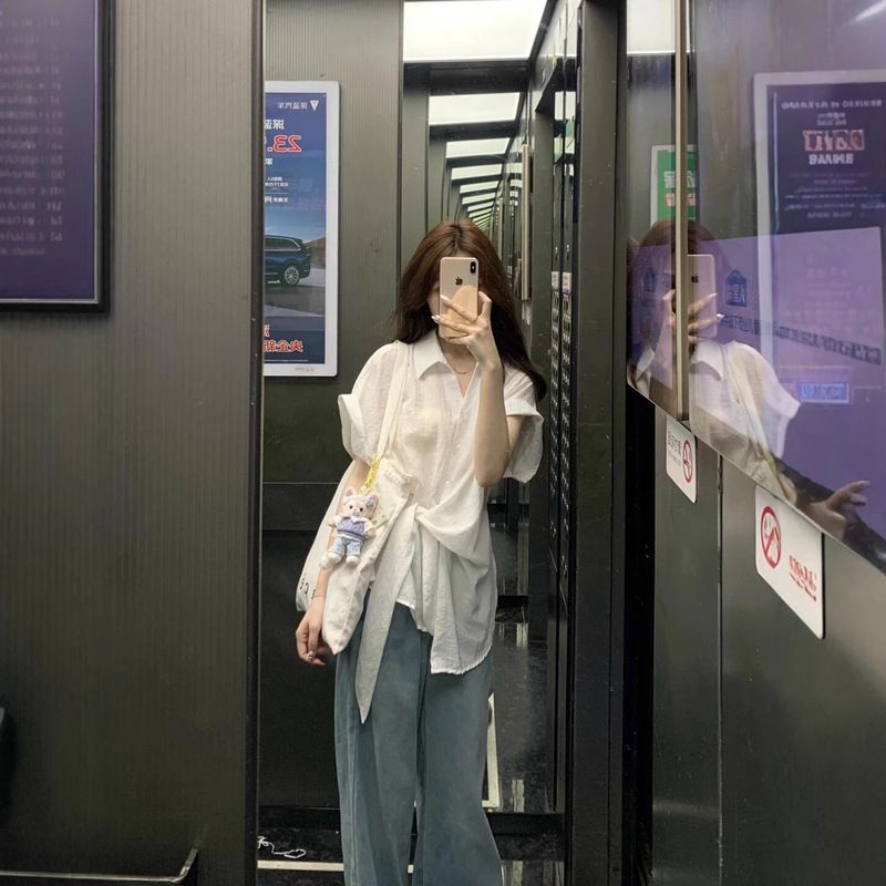 2026 New Summer Style Korean Design Stylish Short-Sleeved Shirt Top High-Waisted Denim Wide-Leg Pants Two-Piece Set for Women