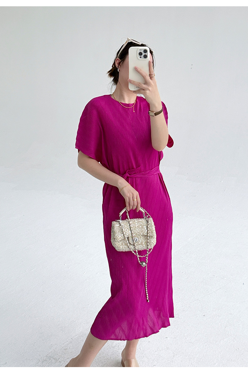 Váy liền thắt eo họa tiết xếp ly cổ tròn thanh lịch — Màu đen chi tiết 16