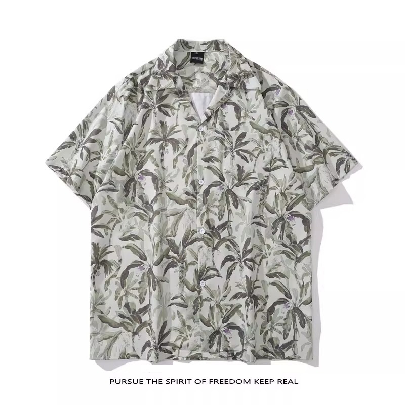 Palm Tropical Plant Print Cuban Collar Short-Sleeved Floral Shirt for Men and Women Hawaiian Style Thai Japanese Style Retro Shirt