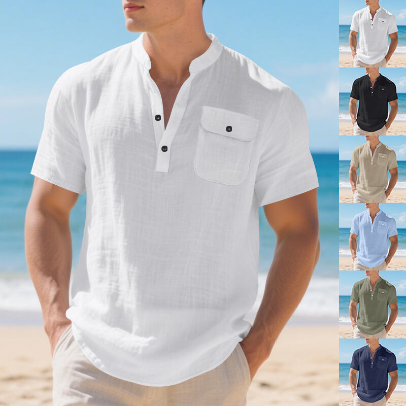 Cross-Border Fashion Men's Linen Shirt T-Shirt Summer Solid Color Stand Collar Loose High-End Simple Short-Sleeve Men's Style