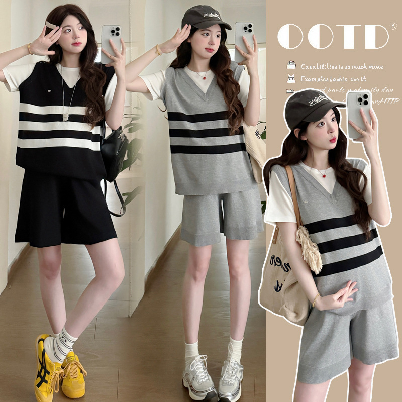 2025 Summer Pregnant Women's Knitted Ice Silk suit Leisure Sports suit Fake Two-piece Wide-leg Shorts Pregnant Women's suit 2025 Summer Pregnant Women's Knitted Ice Silk suit Leisure Sports suit Fake Two-piece Wide-leg Shorts Pregnant Women's suit