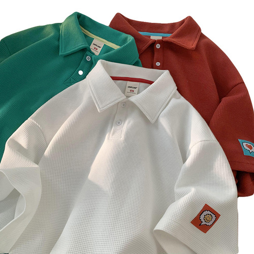 Heavyweight Waffle Short-Sleeve Men's Trendy Independent Brand Design-Focused Label POLO Shirt T-Shirt Loose Fit Versatile Half-Sleeve Top