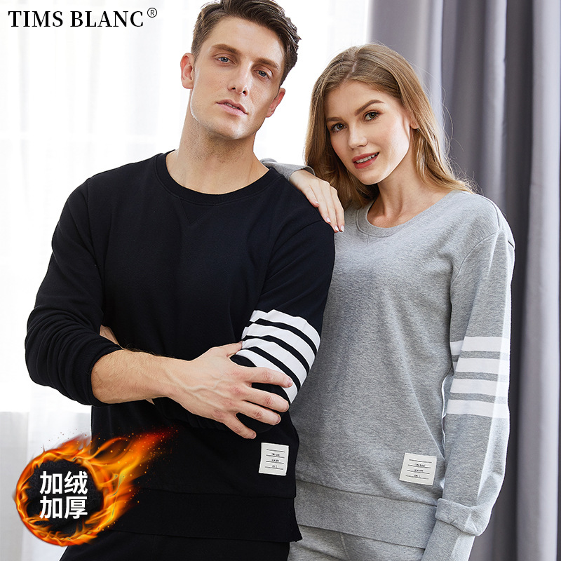Trendy TB Winter Fleece-Lined Crew Neck Top for Men and Women, Couples, Casual, Simple, Stylish, Versatile, Long Sleeve 1902-2