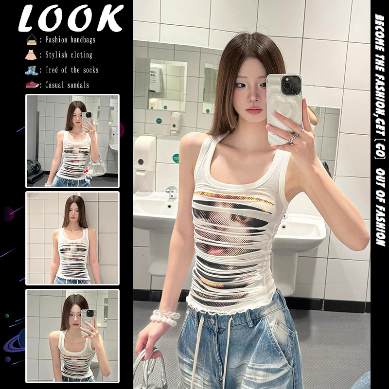 American Hot Girl Irregular Hole Double-Layer Racer Vest Women's Summer Motorcycle Cat Print Design Sleeveless Top