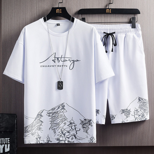 Men's Summer New Snow Mountain Print Fashion Trend Korean Version T-Shirt Set Two-Piece Loose Fit Sports Combo