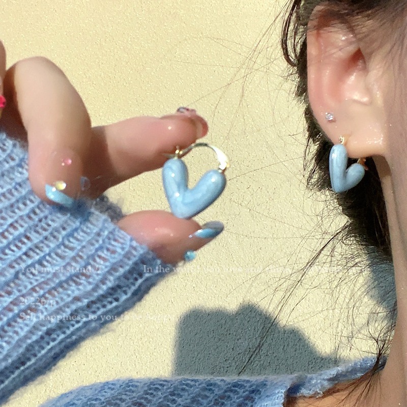 那一片海~滴釉蓝色桃心耳环女小众设计耳针高级感简约风通勤耳饰