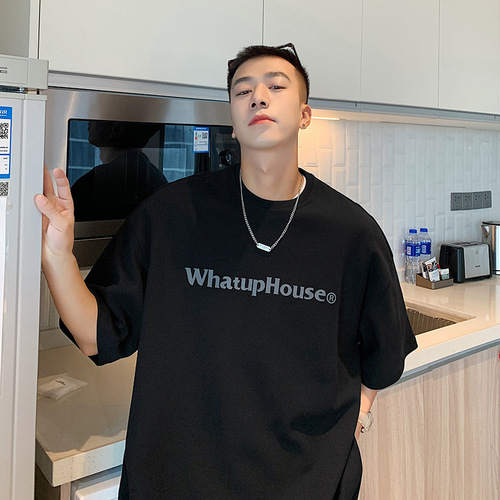 Cross-border Instagram short-sleeved t-shirt for men, Hong Kong-style printed crew neck t-shirt, Hong Kong-style simple and versatile trendy brand five-quarter upper garment