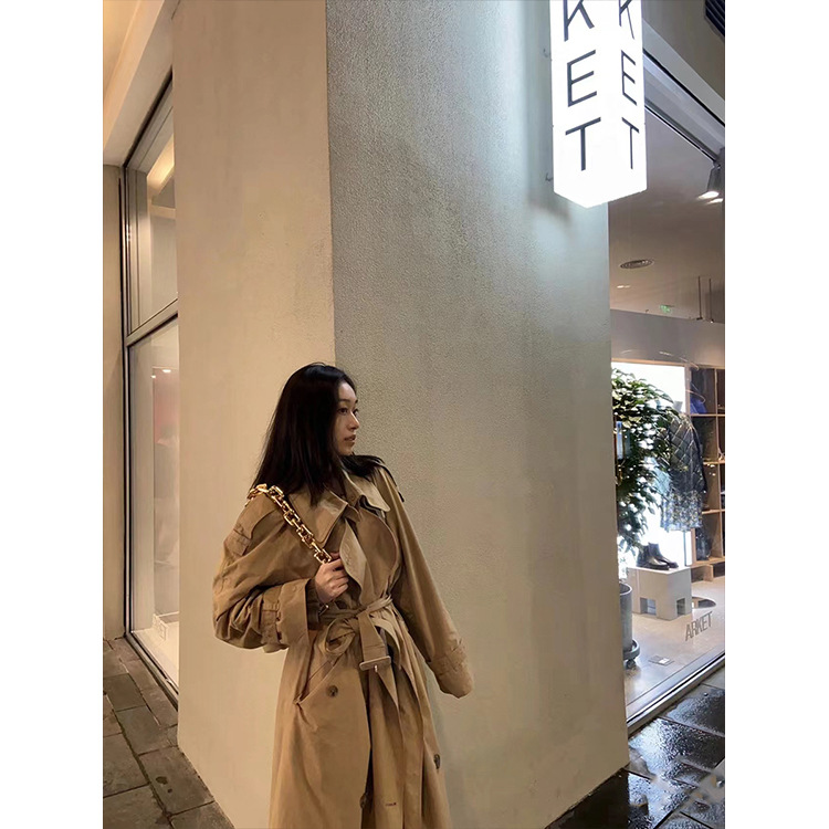 现货早春韩国LC重工排扣双层领过膝中长款风衣女棉质外套