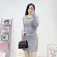 法式女装秋冬新款千金风镶钻圆领针织开衫外套+高腰半身裙两件套