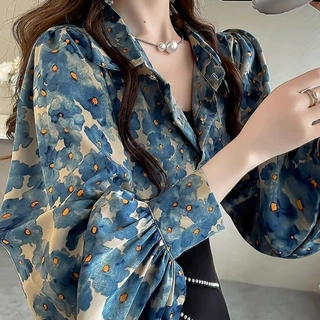时尚春新款设计感小众碎花上衣气质衬衣显瘦灯笼袖衬衫女春季通勤