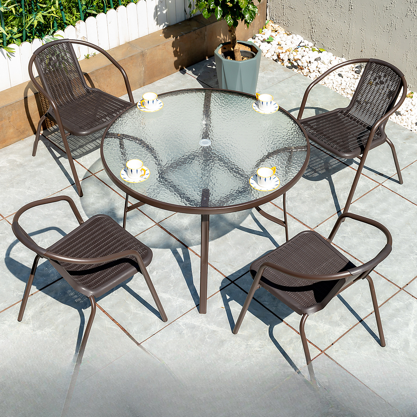 Outdoor Table and Chairs, Courtyard Leisure Dining Table and Chair Combination, Open-Air Balcony Round Table with Umbrella, Outdoor Stall Tea Table and Chair Set