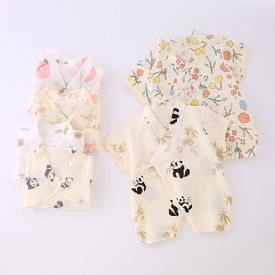 Pure Cotton Gauze Hayi Summer Baby jumpsuit Thin Partial Lace-up Baby Monk Dress Short-sleeved Home Climbing Wear