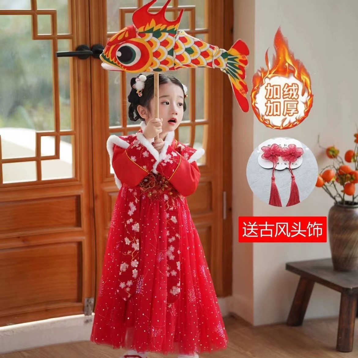 中国风唐装拜年服加绒加厚超仙儒裙连衣裙古装儿童汉服