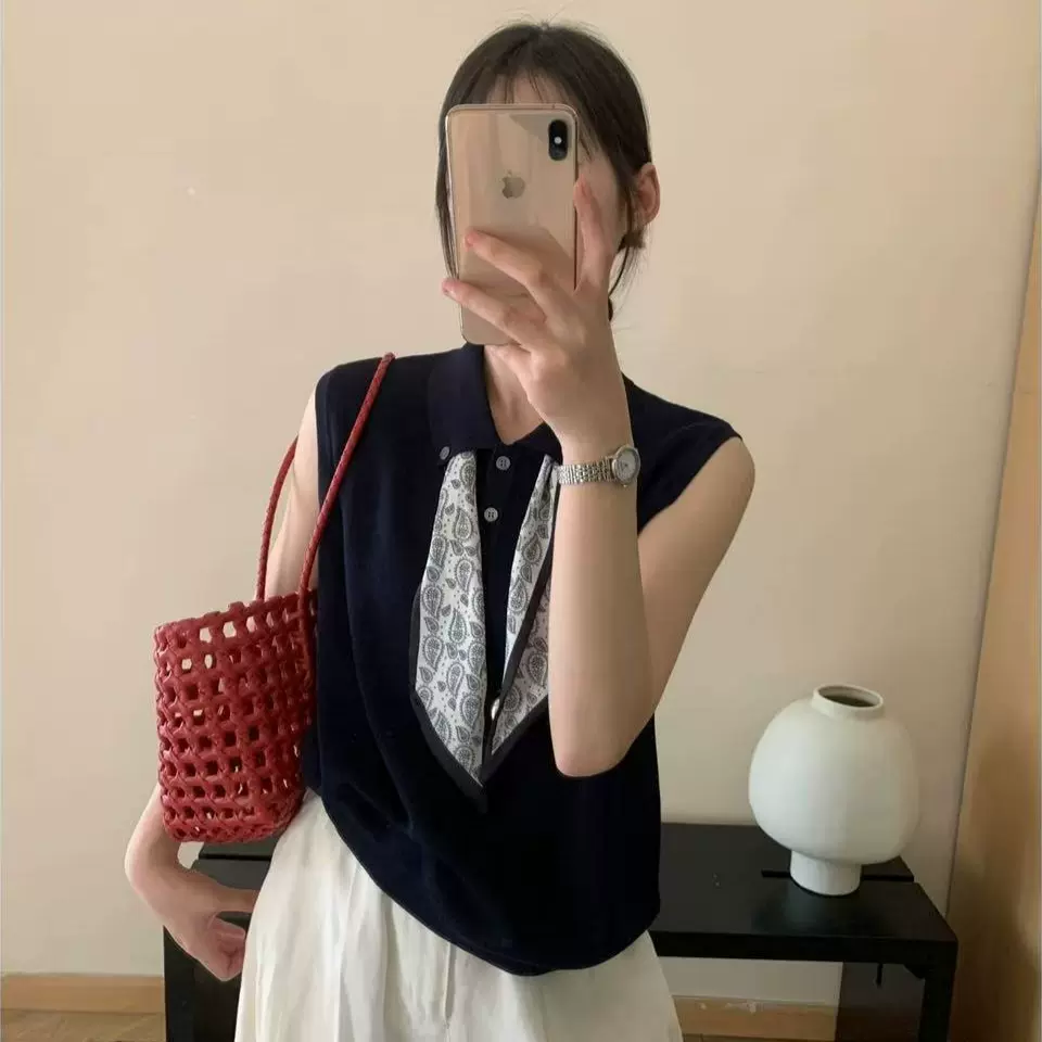 韩系POLO翻领针织衫女冰丝2025夏季新款纽扣高级感宽松无袖上衣女