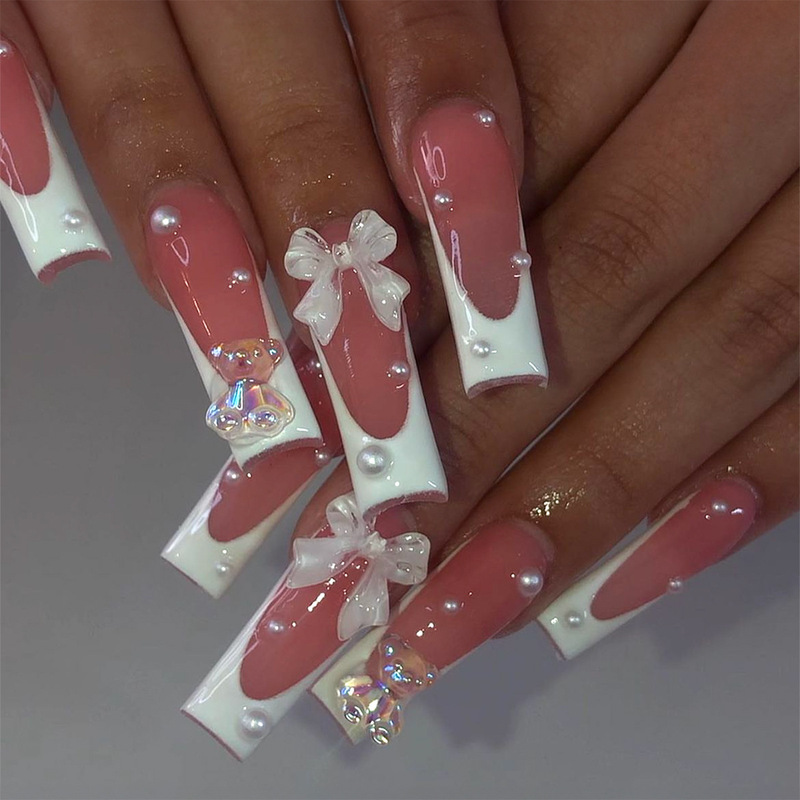 Cross-Border Hot-Selling White French Design Manicure Pearl Bow Extra Long Coffin-Shaped Wearable Fake Nail Stickers