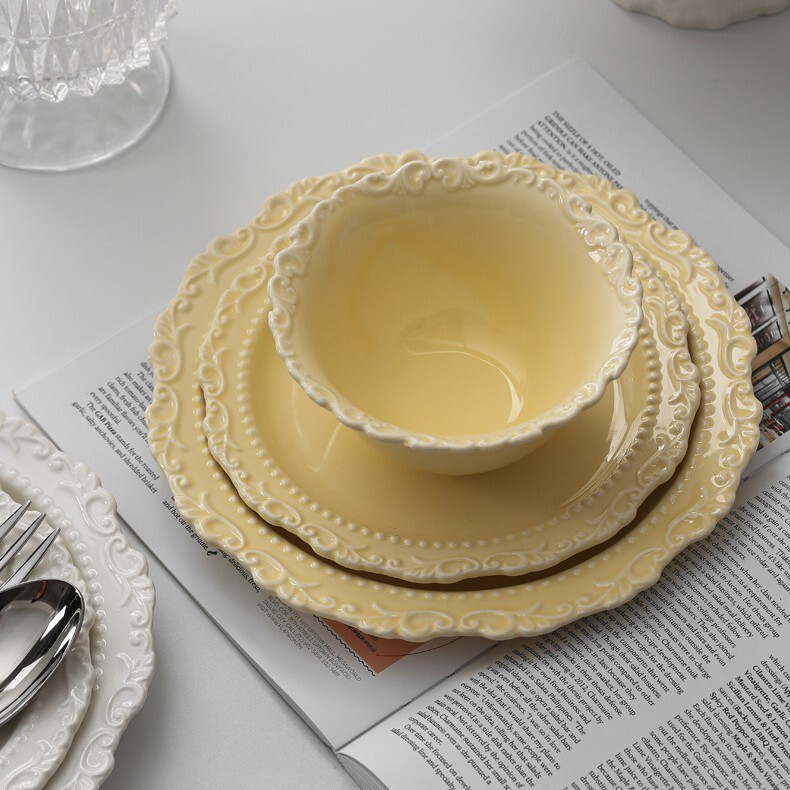 Ins Embossed Ceramic Plate Tableware Set Retro Style Dinner Plate Western Food Plate Palace Style Cream Color Lace Edge