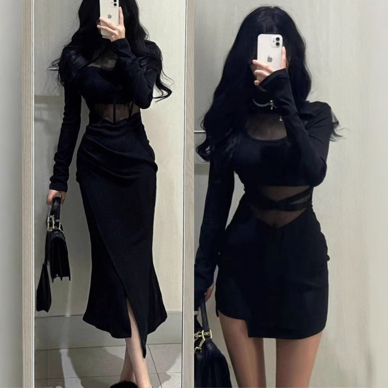 Sexy Sexy Slightly See-Through Black Dress for Women Spring & Fall New Mesh Splicing Pure Desire Mature Hip Skirt Tight