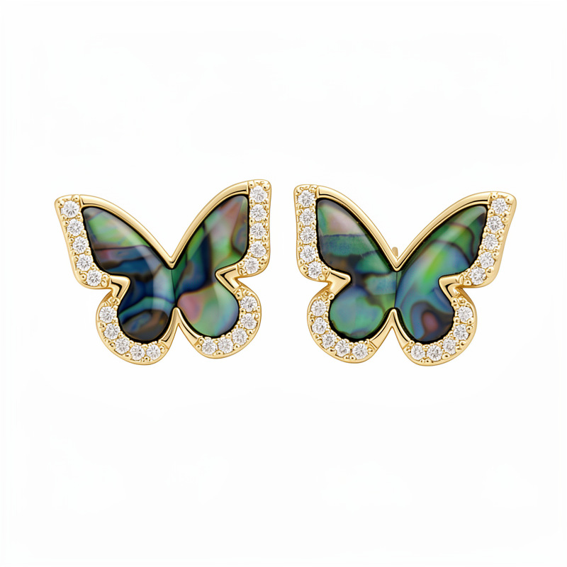 18 quilates de oro real chapado agujas de plata zircon mariposa conchas de mar pendientes de nicho delicados pendientes ligeros de lujo de alta calidad pendientes para mujeres