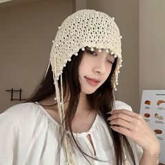 透かし彫り真珠流蘇ペンダント包頭帽子女性夏名族風ニット帽復古顔小帽子