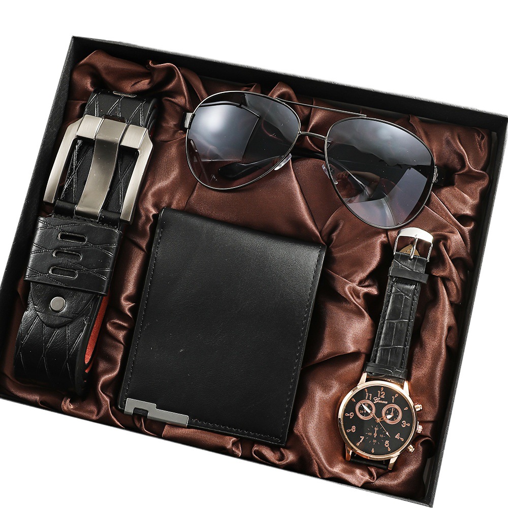 Reloj de los hombres traje de regalo de negocios Regalo de Cumpleaños de vacaciones billetera cinturón reloj gafas de sol traje 4 unids/set
