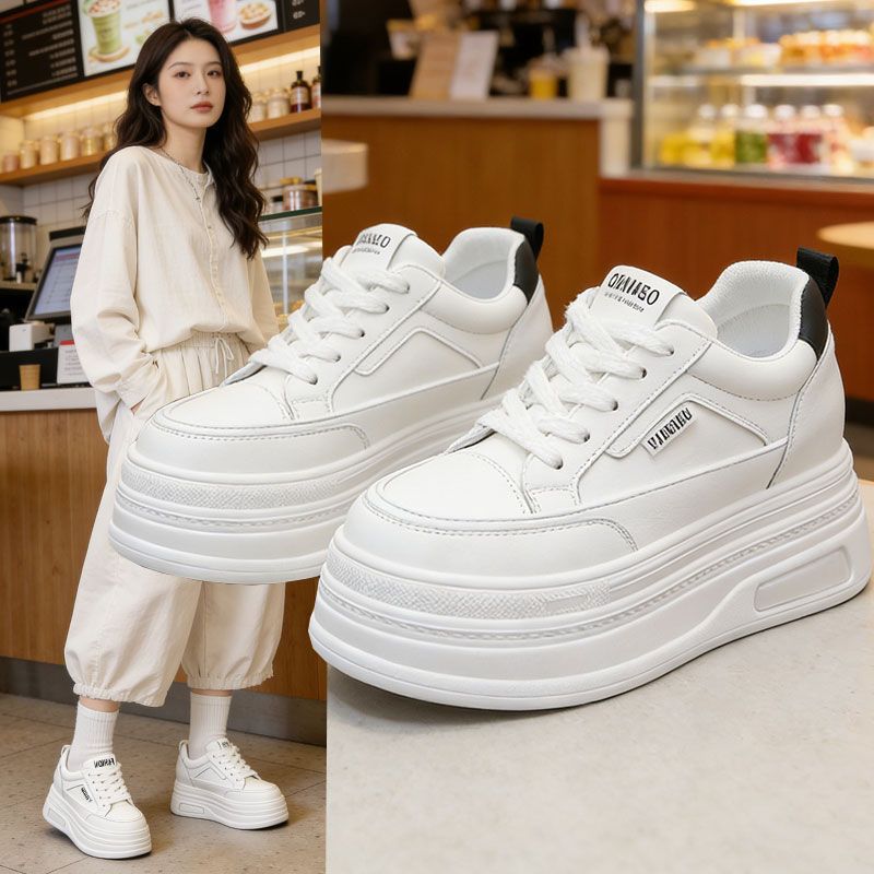 Versatile 8CM Height-Increasing Leather White Sneakers, 2026 Autumn New Model, Thick-Soled Platform Height-Increasing Casual Shoes for Petite Individuals