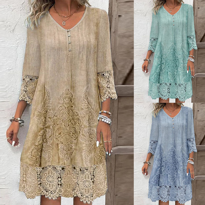 2024 New In-Stock Cross-Border Foreign Trade European and American Women's Fashion Independent Station Spring and Summer Popular Solid Color Lace Trim Dress