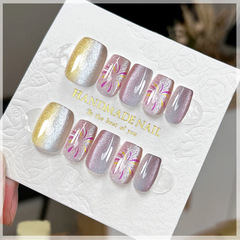 X292假指甲貼片可拆卸穿戴甲新品炫彩煙花貓眼手工封層光療甲30片