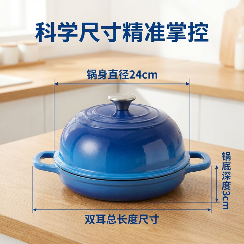 Cast iron enamel bread pan, dual-purpose pan for baking European-style bread, double-handled flat-bottomed frying pan, 24cm diameter cast iron pan