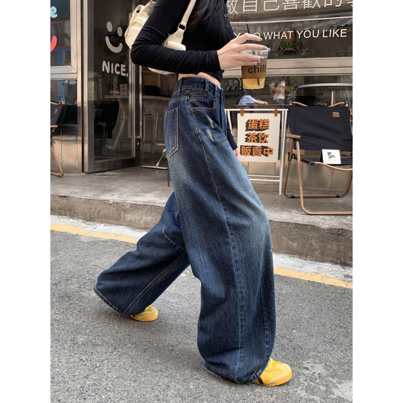 新款弯刀牛仔长裤女后袋刺绣设计感宽松复古水洗拖地阔腿裤子|undefined