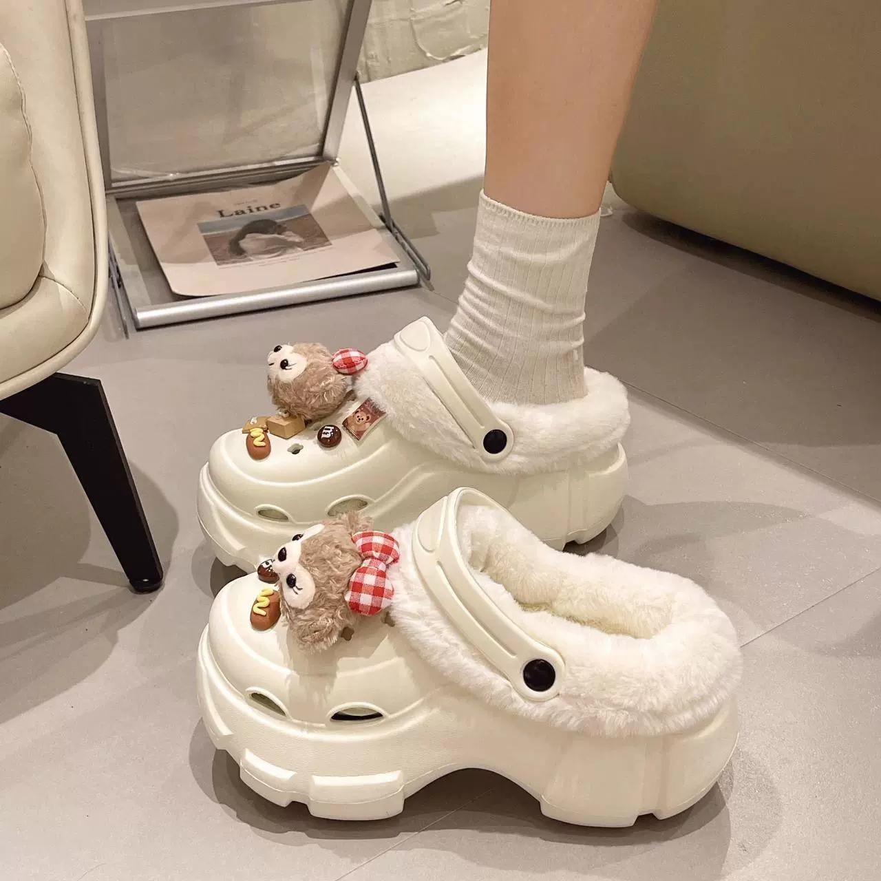 Fleece winter platform ankle clogs, plush‑lined slippers, high chunky sole, sizes 36–41