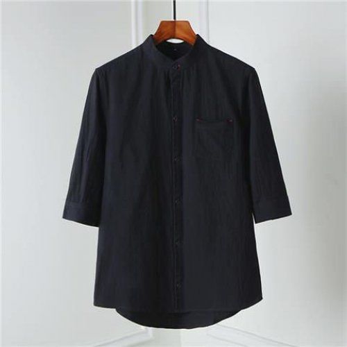 Camisa de seda de hielo para hombre con mangas tres cuartos, nuevo estilo de verano, suelta, delgada, transpirable, camisa de lino y algodón de color sólido, manga media blanca para hombre