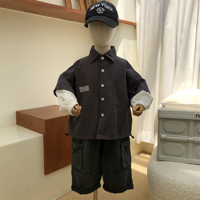 2024 Autumn Children's American for Boys and Girls Solid Color Letter Printed Two piece Shirt_voghion.com