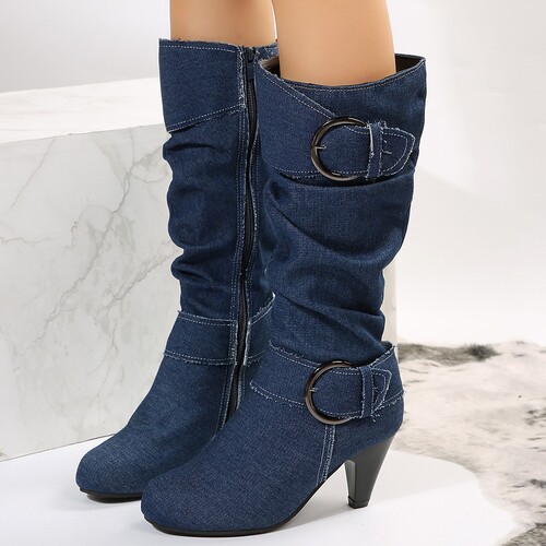 Leather Belt Buckle Fashion Boots Winter Women Tall Cylinder Plus Size High Heel Knight Boots