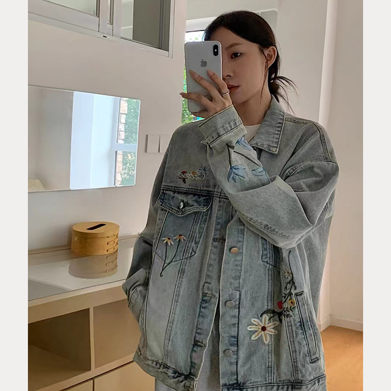 秋季新品花卉刺绣翻领牛仔服女夹克高街痞帅小众日系复古宽松外套|undefined